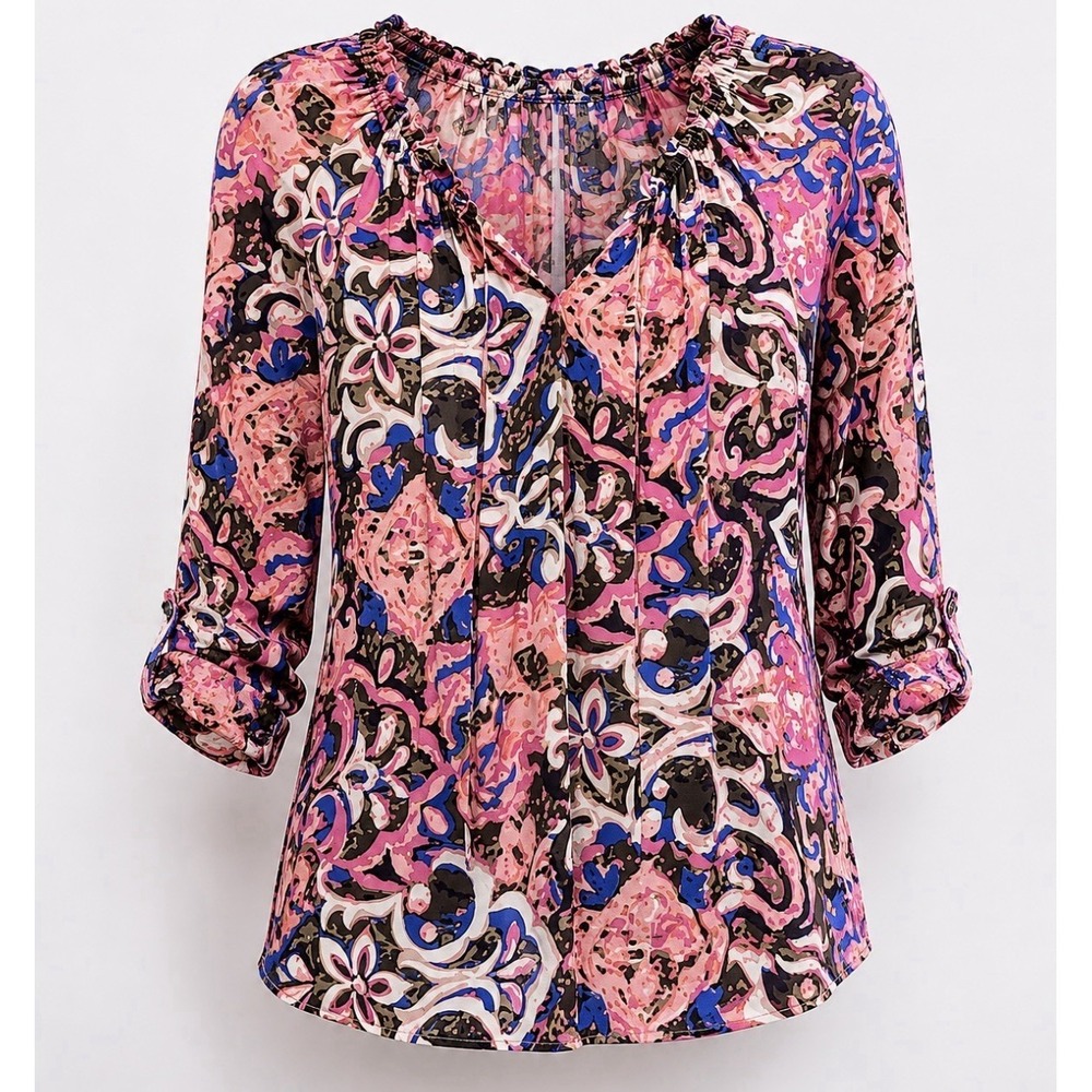 Talbots, color PINK MULTI, Petites MP V neck ruffel